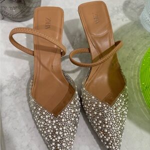 Zara Tan Slingback Pointed Heels with Pearl Embellishments